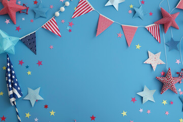 Obraz premium 4th of July with vibrant decorations against a blue background. Showcase patriotic elements such as flags