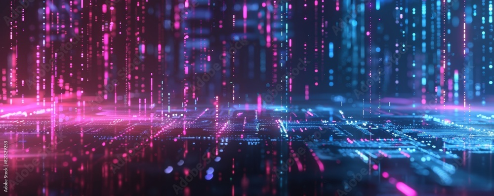 Poster abstract digital background with glowing lines and data patterns in red and blue, representing futur