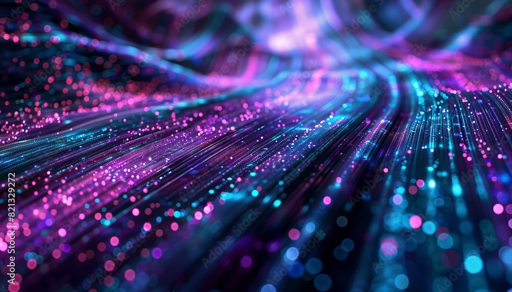 Poster abstract digital background with vibrant neon colors and light trails, representing futuristic techn