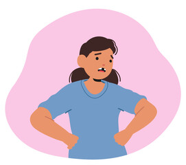 Young Girl Character Looks Surprised Or Upset As She Displays Her First Missing Milk Tooth, Posing On Pink Background