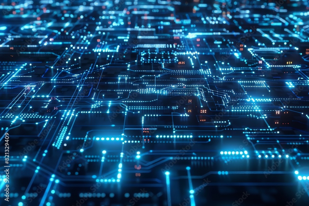Poster Abstract digital circuit board with glowing blue lines and dots representing technology, networking, and modern data communication.