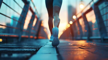 Early Morning Jogging on Urban Bridge - Close Up of Fit Woman's Legs in Stylish Sportswear