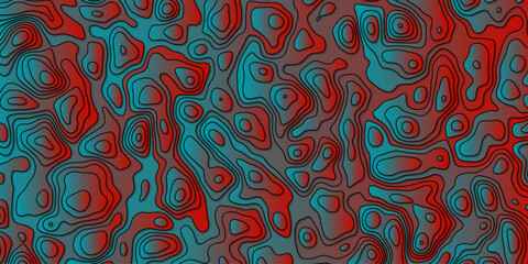 Red and turquoise abstract topographic line map, geographic grid line, paper cut 3D waves modern vector background with shadow.