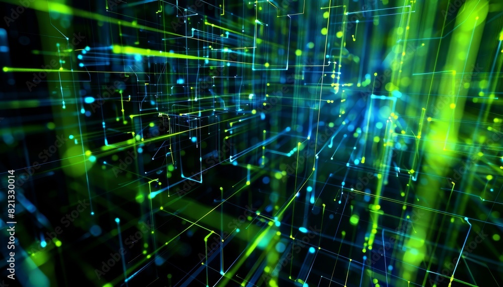 Aufkleber Abstract digital network connection background. Futuristic technology matrix with vibrant green and blue lights.