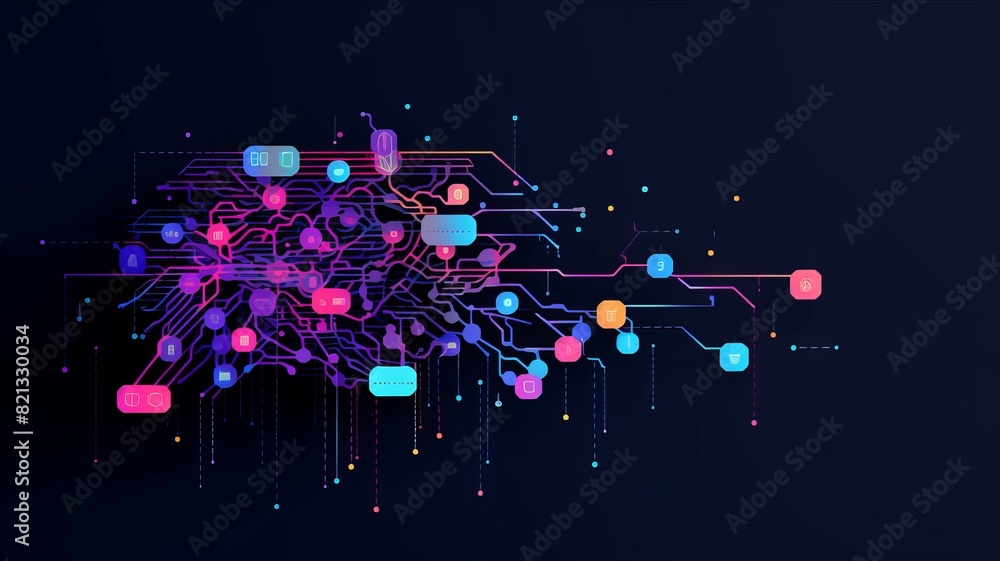 Poster abstract digital network connections with colorful nodes on dark background. futuristic technology c