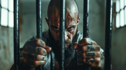 Bald, tattooed man stares intensely through jail bars, gripping them with a look of determination and aggression. Prisoner behind bars. Man who has committed a crime.