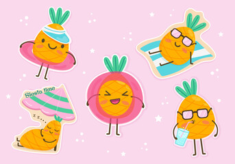A set of stickers with funny pineapple on the beach, with an inflatable circle, wearing sunglasses, with a cocktail, sleeping under an umbrella