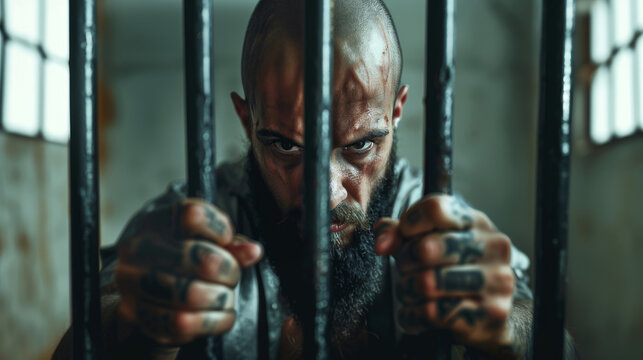 Bald, tattooed man stares intensely through jail bars, gripping them with a look of determination and aggression. Prisoner behind bars. Man who has committed a crime.