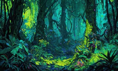 painting of a rainforest  in oil, in the style of famous artists