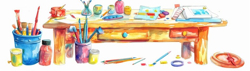 A kawaii water color of a sturdy table, scattered with colorful craft supplies, in a whimsical artists studio, Clipart isolated on white