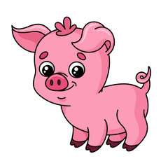 Cute pink pig in cartoon style. Vector colorful illustration of happy piggy isolated on white background. Colored cheerful piglet. Funny farm animal. Small swine.