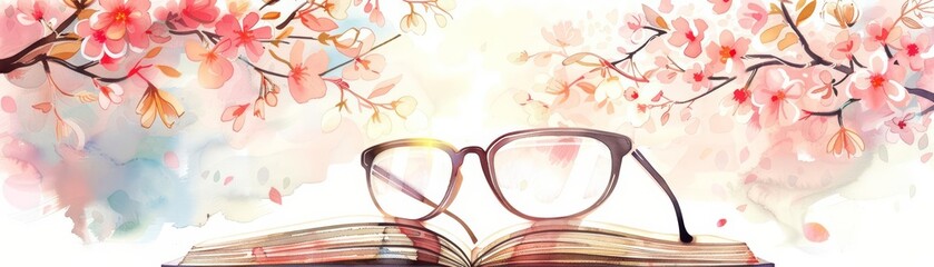 A kawaii water color of stylish glasses, resting on an open book, in a peaceful garden under a blooming cherry tree, Clipart isolated on white