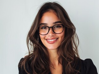 Obraz premium Stylish young brunette woman smiling on a white background. Beauty and fashion. Style.