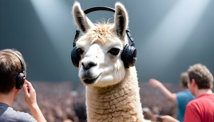 Obraz premium A Llama At A Music Concert Wearing Headphones Upscaled 4