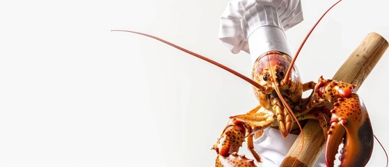 A lobster wearing a chefs hat and apron, holding a rolling pin, against a white background with copy space