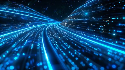 Abstract image of glowing blue lines and particles representing high-speed data transmission and futuristic technology.