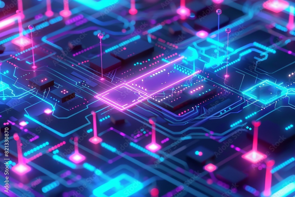 Poster abstract neon circuit board with dynamic glowing lights and futuristic technology design. high-tech 