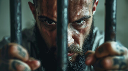 Bald, tattooed man stares intensely through jail bars, gripping them with a look of determination and aggression. Prisoner behind bars. Man who has committed a crime.