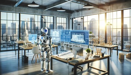 A humanoid robot is standing in front of a computer screen, analyzing data and information displayed on the monitor. The robot appears to be processing and interpreting the digital content on the
