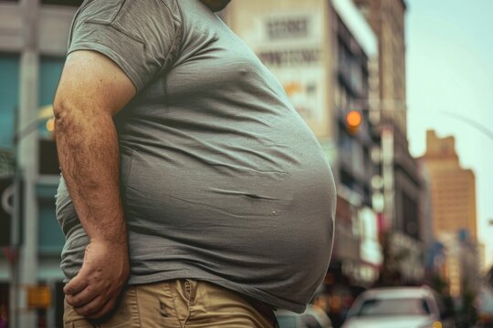 A profile shot of an obese man wearing a gray shirt, standing in an urban environment. The image focuses on adult obesity and the impact of urban living on health
