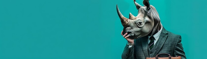 Obraz premium A rhinoceros in a suit and tie, holding a briefcase and looking at a wristwatch, against a teal background with copy space