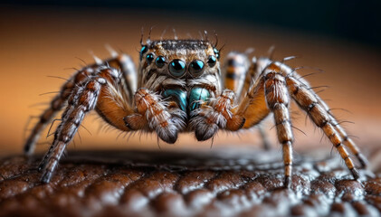 Macro close up. Jumping spider. This spider is known to eat small insects such as grasshoppers, flies, bees, and other small insects. - Powered by Adobe