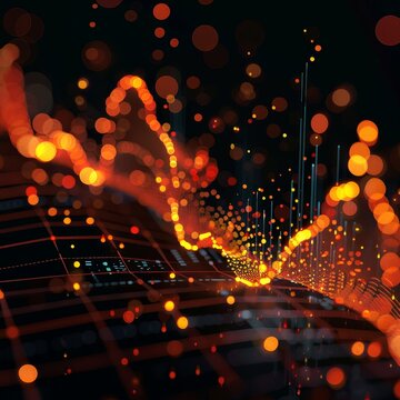 Abstract representation of data visualization with glowing orange particles and graphs on a dark background, illustrating technology and analytics.