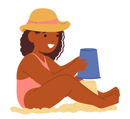 Young Girl Joyfully Building Sand Castle On The Beach. She Wears A Pink Swimsuit And A Stylish Straw Hat, Vector