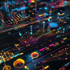 Fototapeta premium Abstract visualization of data analysis with colorful digital graphs and charts representing big data and futuristic technology.