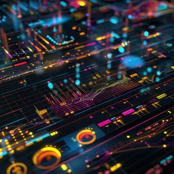 Abstract visualization of data analysis with colorful digital graphs and charts representing big data and futuristic technology.
