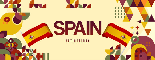 Fototapeta premium Spanish National Day wide banner in colorful modern geometric style. National and Independence Day greeting card with Spain flag. Background celebrating national holiday party