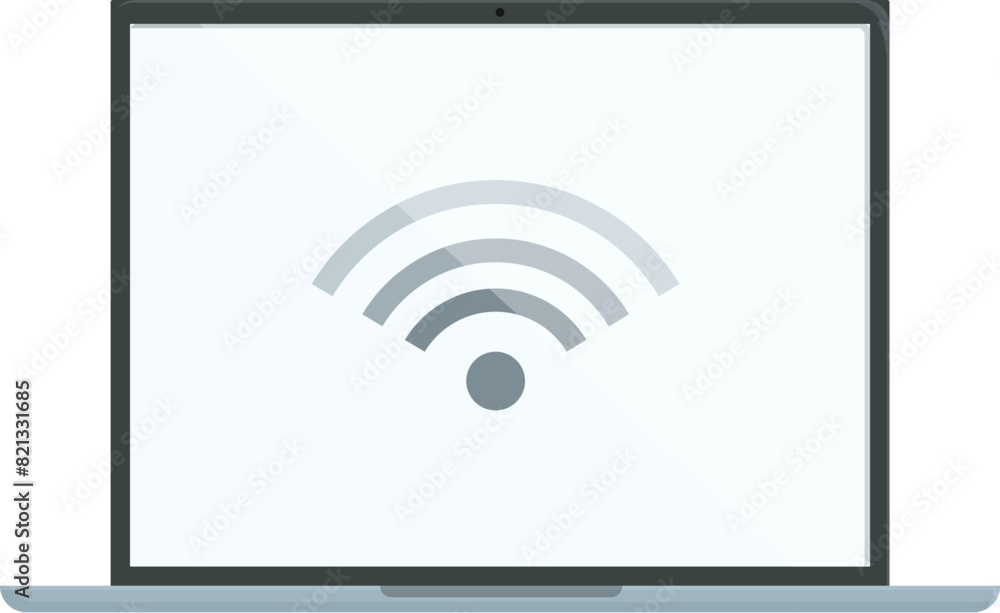 Poster flat design illustration of a laptop displaying a wireless internet connection symbol on a white scr