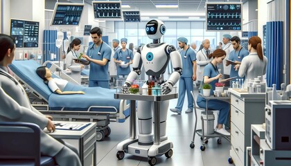 A group of doctors in white coats are working alongside a humanoid robot in a hospital setting. They are engaged in medical discussions and procedures, utilizing advanced technology to provide