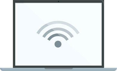 Flat design illustration of a laptop displaying a wireless internet connection symbol on a white screen