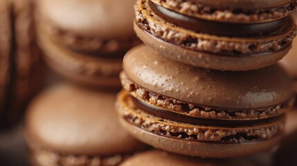 Close-up view of the details of the macarons, showing its smooth texture, delicate shell and creamy filling between the layers. generative ai