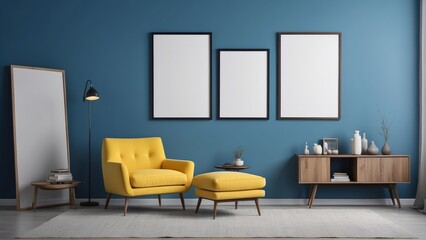 living room with one yellow armchair, blank poster frame, on blue color wall background
