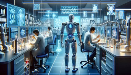 A humanoid robot is standing upright in a room filled with people. The robot appears to be observing the crowd around it, while the people are curiously looking at the robot.