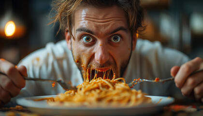 Man looking excited eating spaghetti