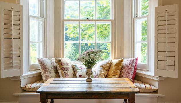 Wooden table near cozy bay window seat with cushions in room. Interior design
