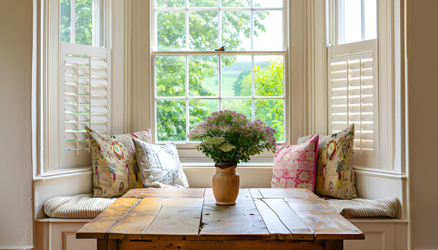 Wooden table near cozy bay window seat with cushions in room. Interior design