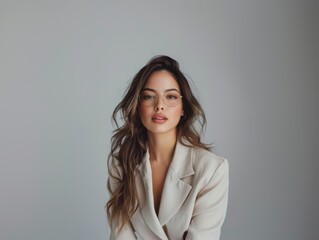 Fototapeta premium Stylish young brunette woman smiling on a white background. Beauty and fashion. Style.