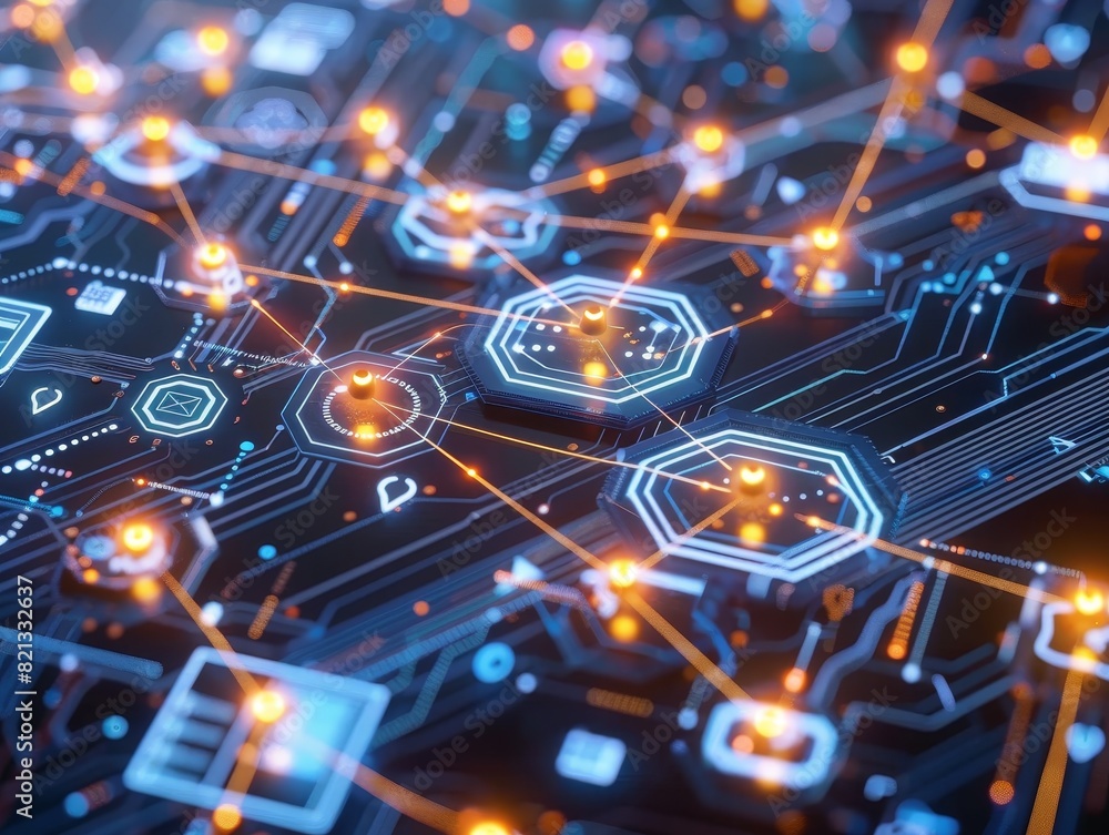 Poster close-up of a futuristic circuit board with glowing blue and orange connections, symbolizing advance