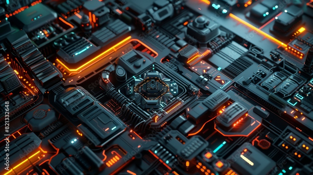 Poster close-up of a futuristic circuit board with glowing orange and blue lights, showcasing intricate tec
