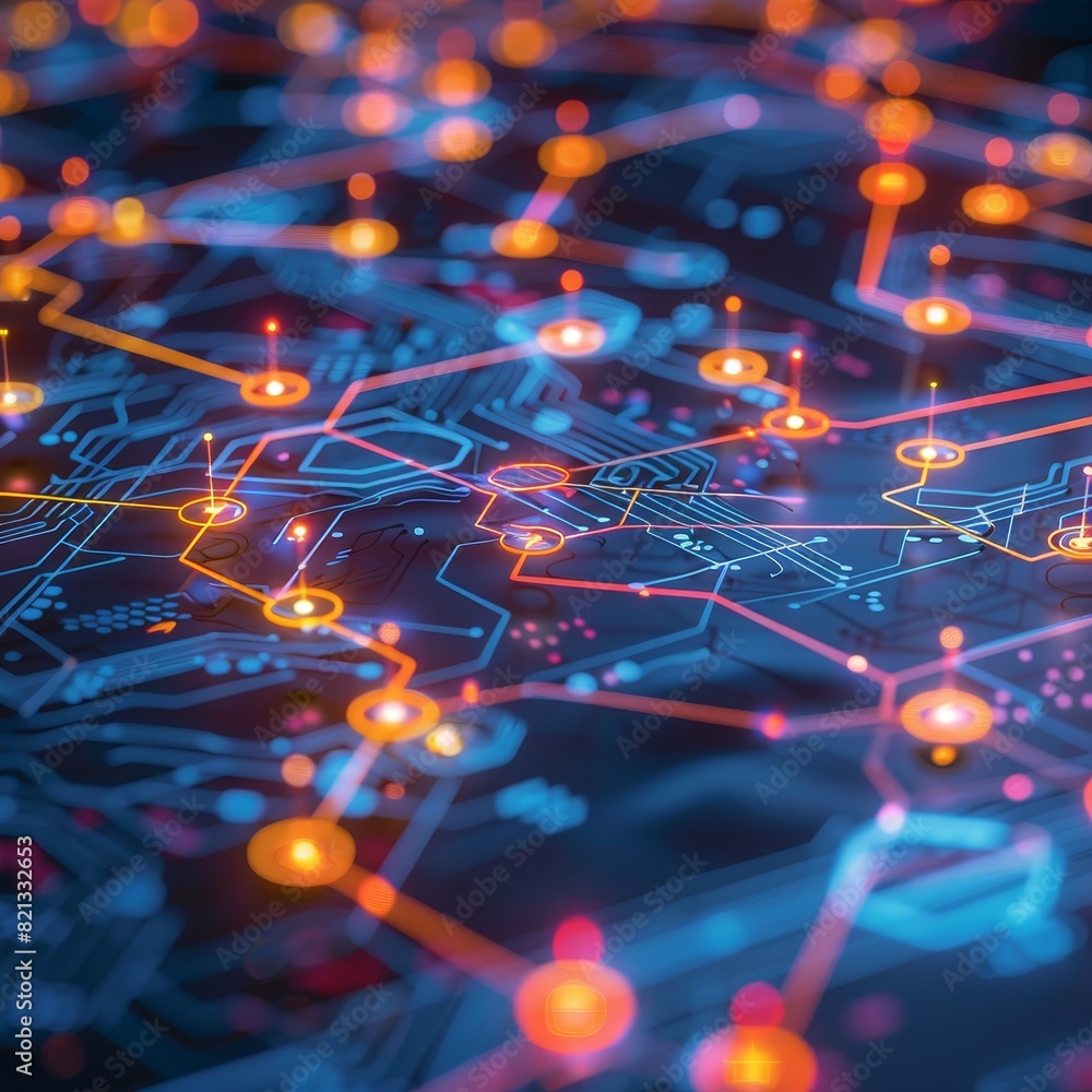 Poster Close-up of a futuristic circuit board with glowing lights and intricate patterns, representing advanced technology and digital communication.