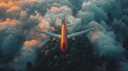 A red airplane is flying above a forest with clouds in the background