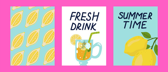 Vector set of bright summer posters. Posters with lemon, lemon slice, lemonade and lemon branch.