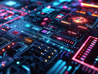 Close-up of a futuristic motherboard with vibrant neon lights, showcasing modern technology and digital innovation.