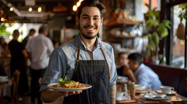 A dish of food in the hands of a waiter