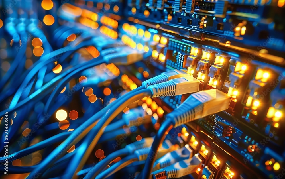 Poster close-up of network cables connected to a server, with glowing lights indicating data transfer in a 