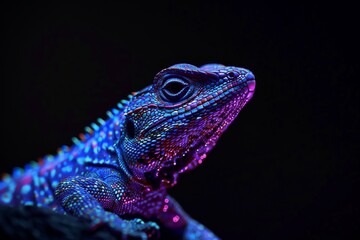 Fototapeta premium Close-up of a vibrant lizard illuminated by colorful neon lights, showcasing detailed textures and exotic beauty against a dark background.